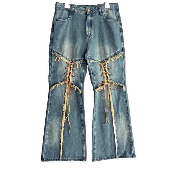 Cider Denim - CIDER Women's L Lace Up Corset Distressed Wide Flare Fringe Jeans Y2K Festival